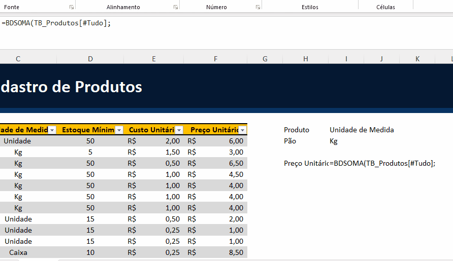 gif demonstrando a seleção do campo Preço Unitário em seguida, o mouse seleciona os intervalos  H7;Saídas!H4:I5