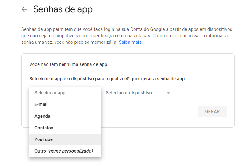 Captura de tela com a aba Senhas de app. Aparece uma lista com diversos aplicativos e apção outro