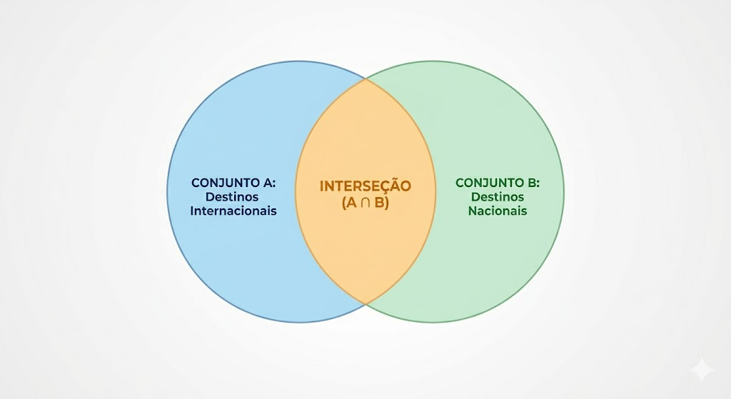 Diagrama de Venn sobre fundo branco composto por dois círculos que se sobrepõem. O círculo da esquerda, em azul claro, está rotulado como 'CONJUNTO A: Destinos Internacionais'. O círculo da direita, em verde claro, está rotulado como 'CONJUNTO B: Destinos Nacionais'. A área central de sobreposição entre os dois círculos está destacada em cor laranja e contém o texto 'INTERSEÇÃO ($A \cap B$)', representando os clientes que pertencem a ambos os grupos simultaneamente." 