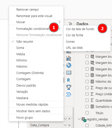 captura de tela do menu formatação condicional