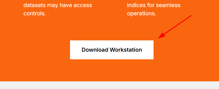 Botão branco centralizado com o texto “Download Workstation” em negrito, sobre um fundo laranja. Acima do botão há uma seta vermelha apontando para ele, destacando sua localização. Texto branco parcialmente visível ao redor descreve informações sobre controle de acesso e operações contínuas.