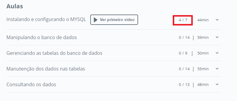 Captura de tela da Alura. Nela há os nomes das aulas e está selecionado 4/7 correspondente a primeira aula.