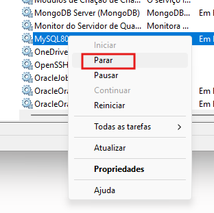 Captura de tela do Gerenciador de Serviços do Windows com o serviço MySQL selecionado. Um menu de contexto está aberto exibindo opções como Iniciar, Parar, Pausar, Continuar, Reiniciar, Todas as tarefas, Atualizar, Propriedades e Ajuda. A opção “Pausar” está destacada com um retângulo vermelho