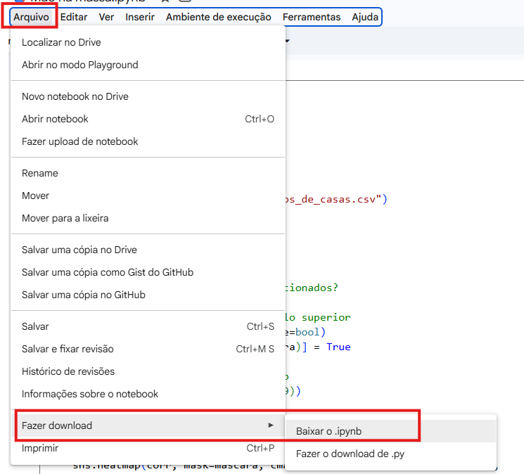 Menu “Arquivo” do Google Colab aberto, com a opção “Fazer download” destacada em vermelho. No submenu à direita aparece a opção “Baixar o .ipynb” também destacada. Ao fundo é possível ver parte do notebook com código Python.