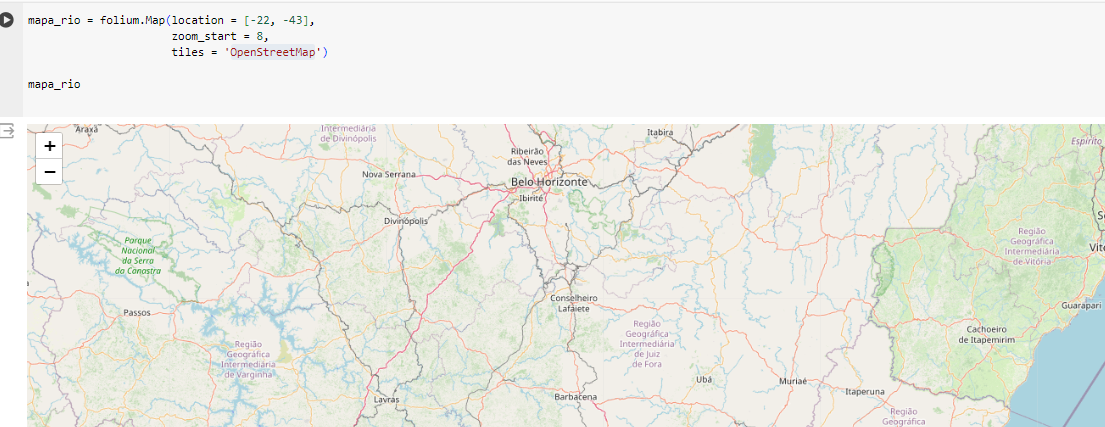 captura de tela da saída do mapa ao codigo mapa_rio = folium.Map(location = [-22, -43],
zoom_start = 8,tiles='OpenStreetMap') 