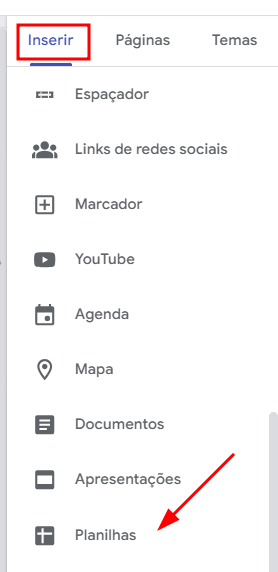 Tela do Google Sites mostrando como inserir uma planilha