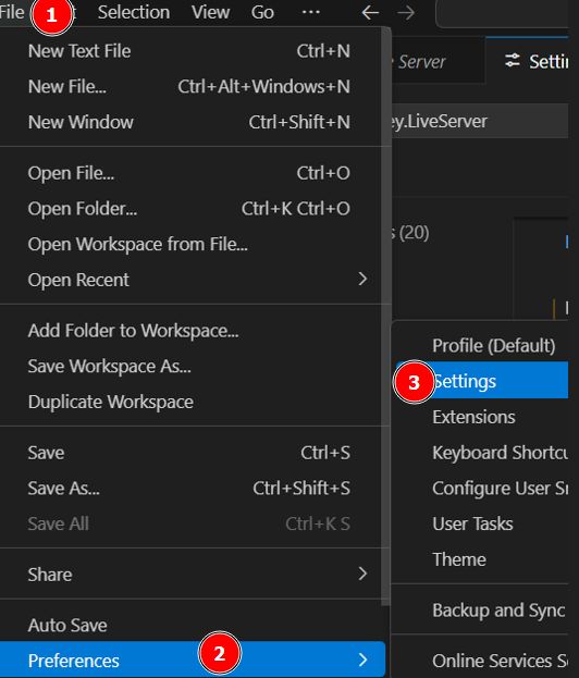 captura de tela do vscode com o caminho Files > Prefrences > Settings