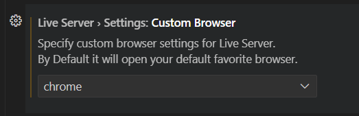 captura de tela do VS Code. Há uma opção Live Server > Settings: Custom Browser há uma  opção chrome 