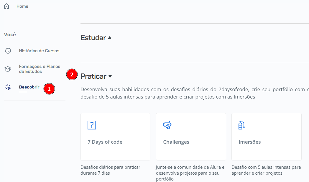 Página da Alura mostrando opções de atividades disponíveis para prática