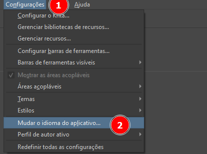 Na barra de ferramentas superior, na aba "Configurações" está aberta (indicada com o número 1 em vermelho). O menu exibe várias opções, como "Configurar o Krita...", "Gerenciar bibliotecas de recursos...", "Gerenciar recursos...", "Configurar barras de ferramentas..." e "Barras de ferramentas visíveis". Mais abaixo,está a opção "Mudar o idioma do aplicativo..." (destacada com o número 2 em vermelho)