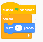 Captura de tela do Scratch. Há um bloco de evento “Quando a bandeira verde for clicada, sempre mova 12 passos” e seta indicando repetição