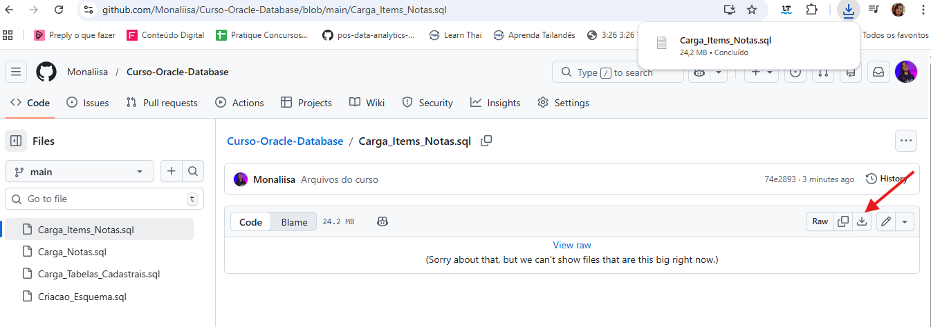 Captura de tela do GitHub no repositório “Curso-Oracle-Database”, exibindo o arquivo “Carga_Items_Notas.sql” na branch main. No topo aparece a mensagem informando que o arquivo é grande demais para visualização direta (“Sorry about that, but we can’t show files that are this big right now.”). À direita, há um botão “Raw” destacado por uma seta vermelha, indicando onde clicar para visualizar o conteúdo bruto do arquivo. À esquerda, o painel mostra a lista de arquivos do projeto, incluindo “Carga_Notas.sql”, “Carga_Tabelas_Cadastrais.sql” e “Criacao_Esquema.sql”.