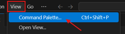 captura de tela do VSCode. Na oção View, há um menu suspenso, e como primeira opção desse menu o Command Palette 