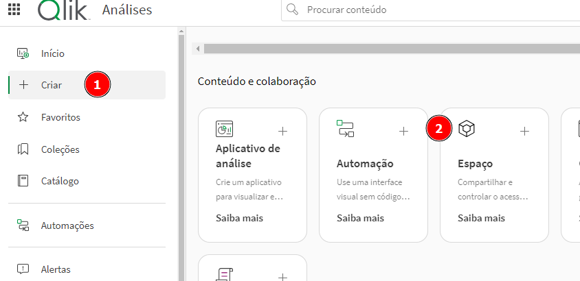 Tela inicial do Qlik, destacando o menu lateral esquerdo onde a opção "Criar" está disponível