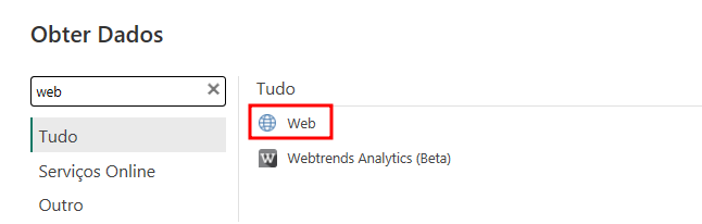 Captura de tela destacando a seleção da opção “Web” na aba Obter Dados.