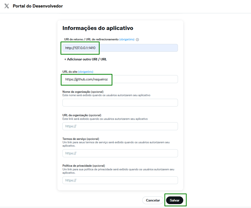 Tela "Informações do aplicativo" no Portal do Desenvolvedor. Campos obrigatórios estão preenchidos com: http://127.0.0.1:1410 no campo "URI de retorno / URL de redirecionamento" e https://github.com/nsqueiroz no campo "URL do site". Os demais campos são opcionais e estão vazios. Na parte inferior, há dois botões: "Cancelar" e "Salvar", com o botão "Salvar" destacado por um contorno verde.