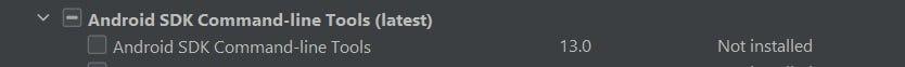 captura de tela da caixa de seleção android sdk command -line tools 13.0 ao lado há uma mensagem not installed