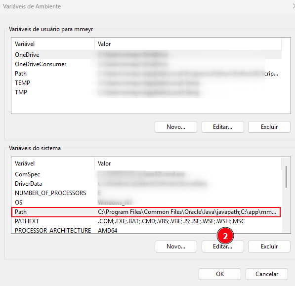 A janela “Variáveis de Ambiente” do Windows está aberta. Na parte superior, aparece a seção “Variáveis de usuário”, listando variáveis como “OneDrive”, “OneDriveConsumer”, “Path”, “TEMP” e “TMP”, com os respectivos valores desfocados. Na parte inferior, está a seção “Variáveis do sistema”, contendo diversas variáveis do sistema operacional. A variável “Path” está selecionada e destacada por um retângulo vermelho, enquanto o botão “Editar...” ao lado inferior direito também está destacado com um círculo vermelho numerado como “2”.