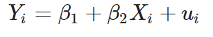 IFórmula matemática. "Y" no índice "i" é igual a "beta1" mais "beta2" "X" no índice "i" mais "u" no índice "i".