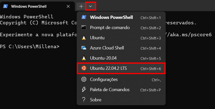 Captura de tela do terminal do Windows Powershell. Na barra superior do terminal há uma seta para baixo destacada por um retângulo vermelho. Abaixo dessa seta, existem algumas opções e a quinta delas "Ubuntu-22.04 LTS" está destacada por um retângulo vermelho."