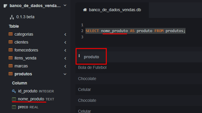 captura de tela do sqlite online da consulta acima. No grid é mostrado a coluna com nome 'produto'