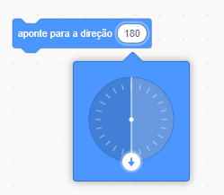 Captura de tela Scratch. Nela há o bloco de movimento aponte para a direção 180, e uma seta indicando lado baixo.