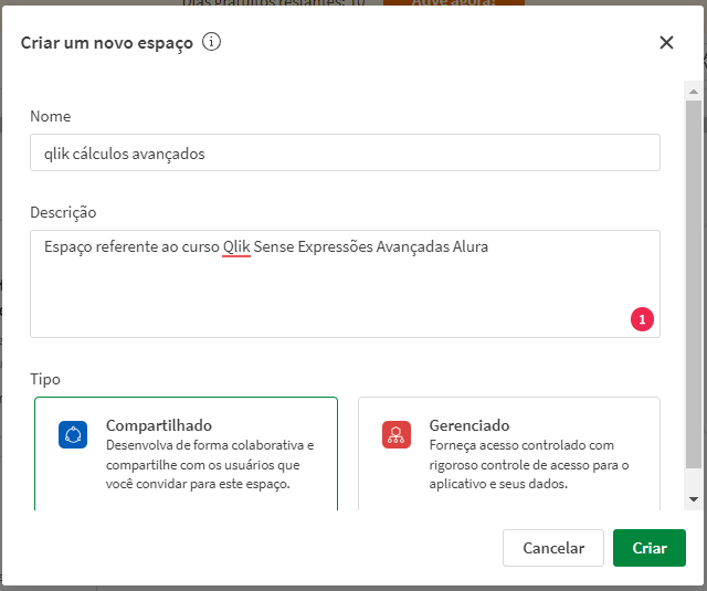 Janela de criação de um novo espaço no Qlik, com campos para nomear e definir configurações do espaço