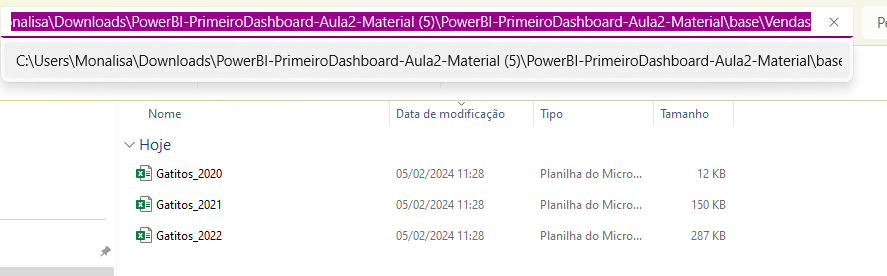 Captura de tela do explorador de arquivos Windows. Há tres planilhas excel. Gatitos_2020, 2021,2022