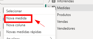 Menu do Power BI aberto com as opções “Selecionar”, “Nova medida”, “Nova coluna” e “Novas medidas rápidas”. A opção “Nova medida” está destacada com um retângulo vermelho e uma seta apontando para ela