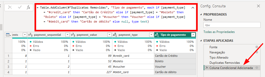 Editor do Power Query exibindo a barra de fórmulas com código M referente à criação de uma coluna condicional chamada Tipo de pagamento, a partir da coluna payment_type.
