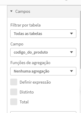 Aba Campos. É possível filtrar por tabelas, com uma caixa de seleção que atualmente está definida para "Todas as tabelas". Abaixo, há uma opção para selecionar um campo específico, com o "codigo_do_produto" atualmente escolhido. Também há uma lista suspensa para selecionar funções de agregação, que está definida como "Nenhuma agregação". Além disso, há caixas de seleção para "Definir expressão", "Distinto" e "Total", todas desmarcadas no momento.