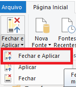 Captura de tela do Power Query. Há um botão Fechar e Aplicar . Está destacado em vermelho a opção Fechar e Aplicar.