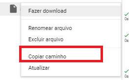 captura de tela do menu aberto ao clicar nos tres pontinhos ao lado do arquivo. Está selecionado a opção "Copiar caminho"