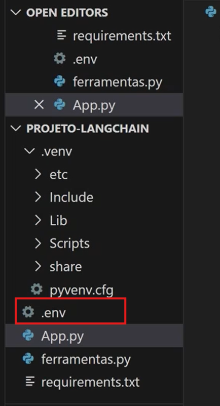 Captura de tela do Visual Studio Code mostrando a estrutura de arquivos de um projeto chamado PROJETO-LANGCHAIN. Na árvore de diretórios à esquerda, o arquivo .env aparece destacado na raiz do projeto, ao lado de App.py, ferramentas.py e requirements.txt. A pasta .venv também está visível, contendo subpastas como etc, Include, Lib e Scripts.