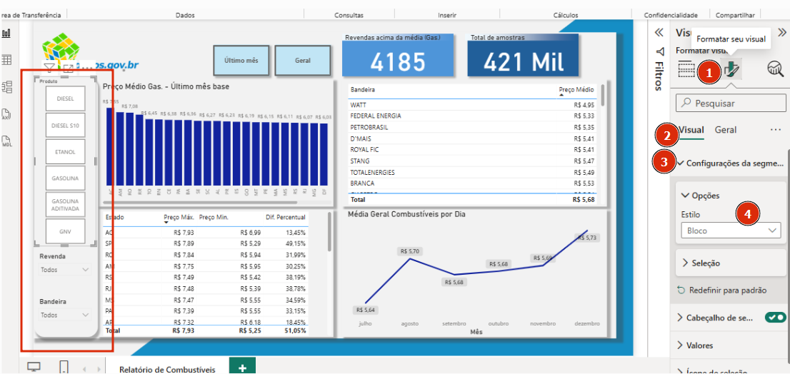 Tela do Power BI exibindo um relatório de combustíveis com filtros de Produto, Revenda e Bandeira à esquerda. À direita, o painel Formatar visual está aberto na aba Visual, com destaque para Configurações da segmentação e a opção Estilo definida como Bloco