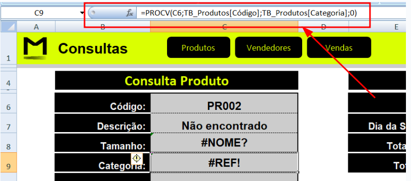 Planilha do Excel mostrando erro na célula C9 com a fórmula =PROCV(C6;TB_Produtos[Código];TB_Produtos[Categoria];0). A função tenta buscar a categoria do produto com base no código inserido em C6, mas está incorreta. O Excel retorna o erro #REF! em "Categoria", #NOME? em "Tamanho" e “Não encontrado” em "Descrição", indicando que a fórmula não está estruturada corretamente. O cabeçalho da planilha indica que é uma aba de consultas, com destaque em amarelo e botões de navegação para "Produtos", "Vendedores" e "Vendas".
