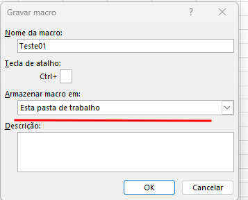 A imagem exibe a janela de gerenciamento de macros no Microsoft Excel. No campo "Nome da macro", a macro chamada "Teste01" está selecionada e destacada com uma seta vermelha. Ao lado direito da janela, há botões para executar, depurar, editar, criar e excluir a macro. O botão "Excluir" está destacado com um retângulo vermelho. Na parte inferior, há um menu suspenso configurado para exibir macros de "Todas as pastas de trabalho abertas" e um botão "Cancelar" no canto inferior direito.