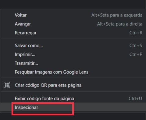 Print da tela do navegador Google Chrome. O print mostra opções que surgem ao clicar com o botão direito do mouse em qualquer lugar do navegador. O último ícone da lista  com a palavra inspecionar aparece destacado por um retângulo vermelho.