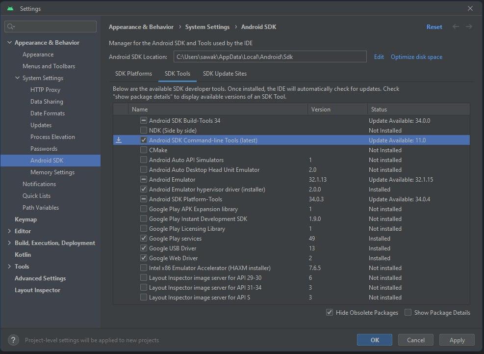 Captura de tela da ferramenta toools no android studio. Está selecionado a opção Android SDK Command line-tools 