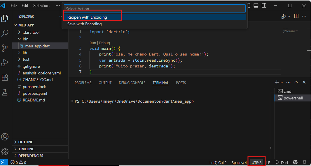 Captura de tela do Visual Studio Code com um arquivo Dart aberto. No canto inferior direito, o indicador de codificação está marcado como 'UTF-8'. No topo da janela, o menu de seleção de codificação está aberto, destacando a opção 'Reopen with Encoding' em azul, com um retângulo vermelho em volta.