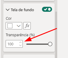 seção de configuração de "Tela de fundo" com opções para selecionar a "Cor" e ajustar a "Transparência (%)" de um fundo. Há uma caixa de texto para inserir o valor de transparência (atualmente em 100%) e uma seta vermelha apontandoe