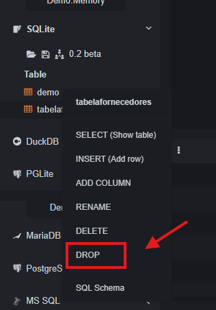 Menu de opções da tabelafornecedores no SQLite Online, com a opção DROP destacada para excluir a tabela