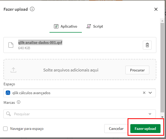 Janela de seleção de arquivos no Qlik, onde o arquivo "qlik-analise-dados-001.qvf" está pronto para upload