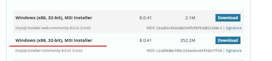 A imagem mostra uma seção de download do instalador do MySQL para Windows (x86, 32-bit) no formato MSI Installer. Existem duas opções de download disponíveis para a versão 8.0.41: a primeira é o Web Installer (mysql-installer-web-community-8.0.41.0.msi) com um tamanho de 2.1 MB, e a segunda é o Full Installer (mysql-installer-community-8.0.41.0.msi) com um tamanho de 352.2 MB. O Full Installer está destacado com uma linha vermelha.