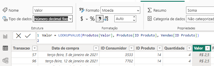 ICaptura de tela do formato e tipo da coluna Valor