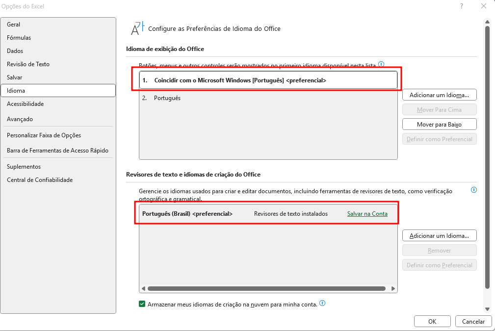 Janela de configurações de idioma do Excel, na seção “Idioma” das Opções. No topo, a área "Idioma de exibição do Office" mostra que o idioma principal está definido como "Coincidir com o Microsoft Windows [Português] <preferencial>", com "Português" como segunda opção. Abaixo, na seção "Revisores de texto e idiomas de criação do Office", está selecionado "Português (Brasil) <preferencial>" como idioma preferido para revisão de texto, com os revisores já instalados. As opções “Adicionar um idioma”, “Mover para cima” e “Definir como Preferencial” estão visíveis à direita. Há também uma caixa marcada indicando "Armazenar meus idiomas de criação na nuvem para minha conta"