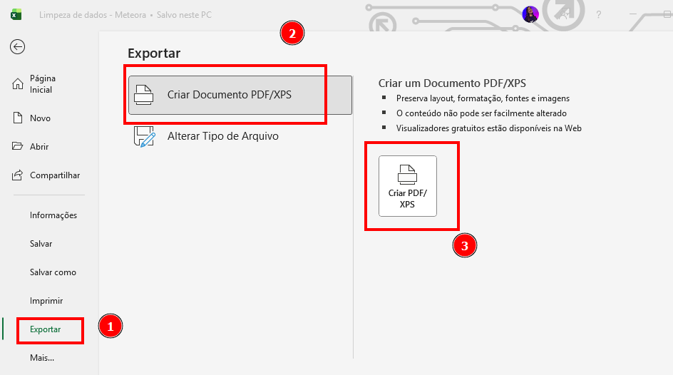 Tela do Microsoft Excel na opção Exportar. No menu lateral esquerdo, a opção “Exportar” está destacada com o número 1. No painel central, a opção “Criar Documento PDF/XPS” está selecionada e destacada com o número 2. À direita, há um botão grande escrito “Criar PDF/XPS”, também destacado, identificado com o número 3.