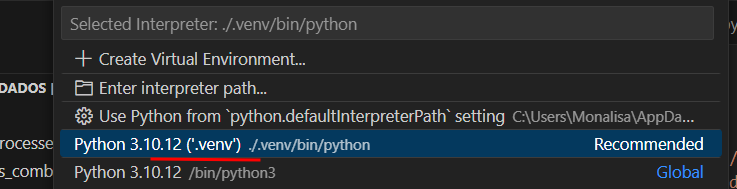 A imagem mostra a seleção de um interpretador Python no VSCode, destacando o ambiente virtual localizado em `.venv/bin/python`. 