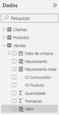 captura de tela da aba dados do power BI. Está selecionado a coluna valor da tabela vendas