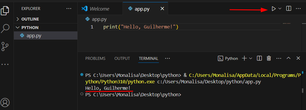 Botão de Play no VSCode ao lado do código Python